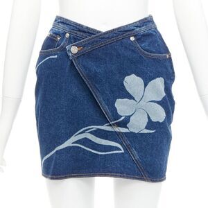 DAVID KOMA 2022 blue organic cotton floral silver logo button skirt UK6 XS